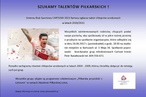 GKS Cartusia Kartuzy prowadzi nabór do zespołu roczników 2010/2011. Wkrótce spotkanie organizacyjne